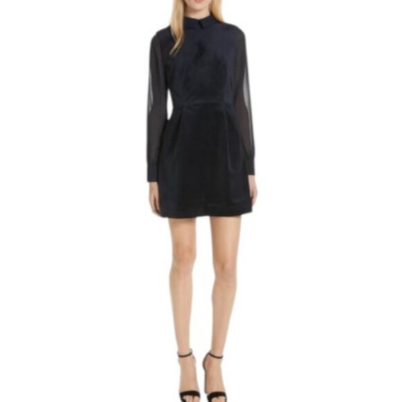 Ted Baker navy blue velvet sheer sleeves A-line flare skirt collar dress size 10 - Picture 2 of 12